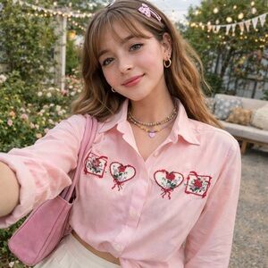 Karen Scott Spring Cottagecore Embroidered Hearts Pink Button-Up Top